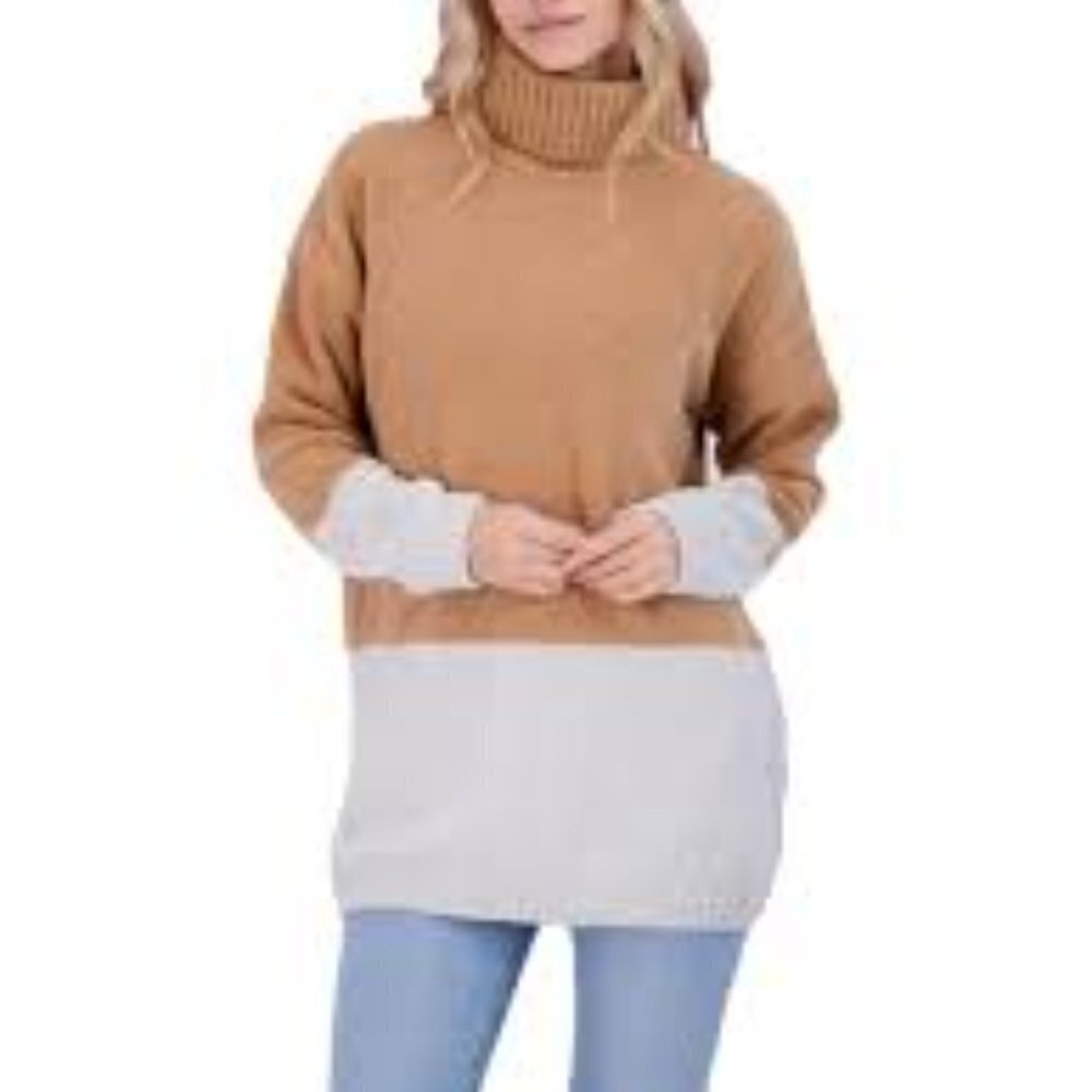 ✅ BCBG Maxazria Women's Brown Turtle-Neck Colorblocked Sweater Size LARGE